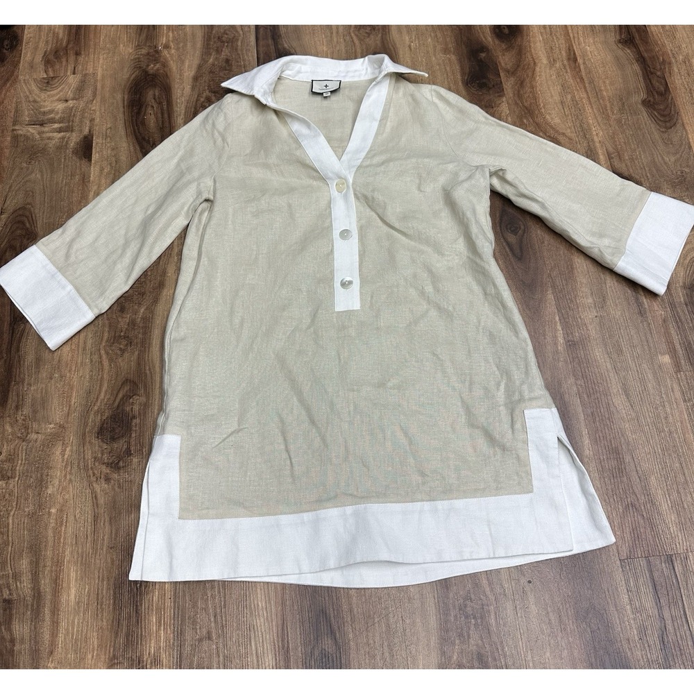 Tuckernuck Linen Collier Mini Shift Dress XS Champagne Coastal Preppy Beach